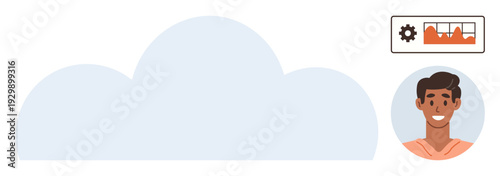 Cloud technology, user data, analytics tools, profile management, digital storage, IT solutions. Cloud graphic with user portrait and analytics dashboard. Cloud technology and user data concept