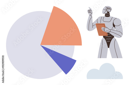 Data analysis, artificial intelligence, future technology, machine learning, business solutions, innovation. A robot holding a clipboard pointing at a colorful pie chart. Data analysis and AI