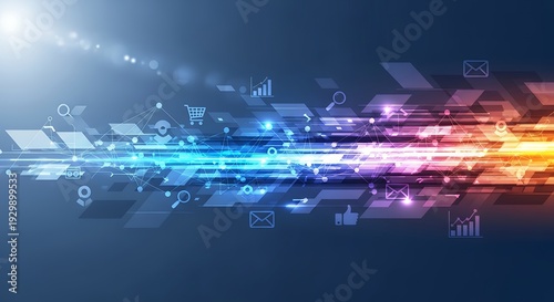An abstract digital marketing concept shows data flowing with various business icons.