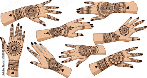 Collection of Traditional Henna Mehndi Hand Tattoo Designs with Intricate Floral Mandalas and Heart Patterns for Bridal Beauty Celebrations and Cultural Body Art Illustrations