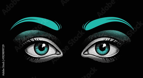 Illustration of a woman's blue eyes with vibrant eye makeup.