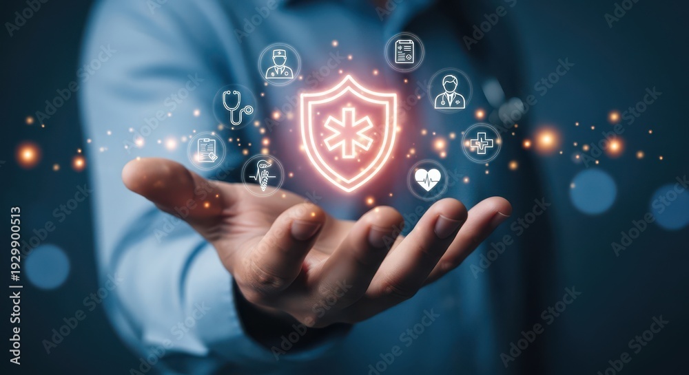 Fototapeta premium Hand holding medical health care shield icon