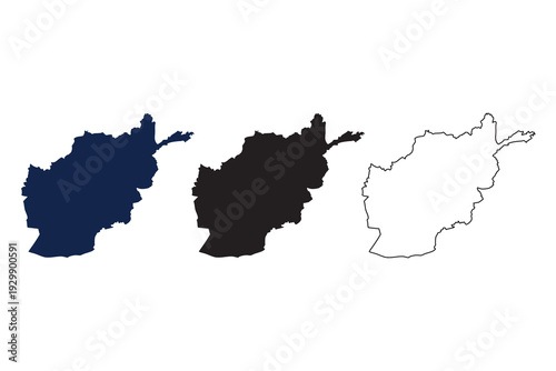 Afghanistan map silhouette collection including solid dark blue filled shape black outline and thin stroke contour vector illustrations isolated on white background for geography and travel design