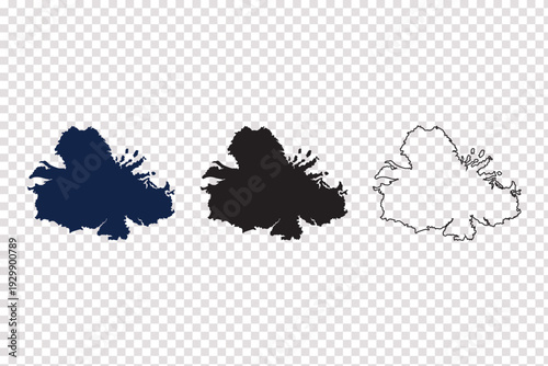 Antigua and Barbuda map silhouette set featuring navy blue shape black fill and thin linear outline vector graphics on transparent background for caribbean geography and island travel illustrations