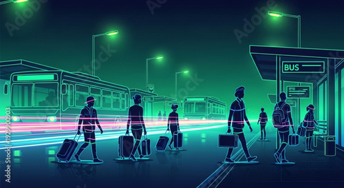 Night bus station with people carrying suitcases and luggage moving along in the rhythm of traffic: in acid green and electric blue, they create a vector illustration in the air, with a synthwave vibe