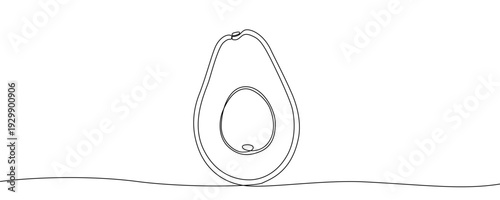 Avocado half without pit in one line art style. Minimalist drawing made by a continuous line with editable black stroke on a white background. Vector illustration.
