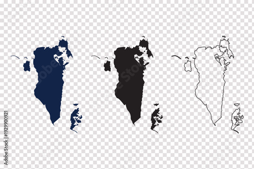 Isolated graphic map silhouette of Bahrain country shape in blue black and outline on transparent checkered background vector illustration