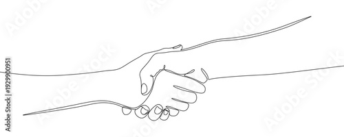 Handshake in one line art style. Drawing of two hands joined in a greeting or agreement gesture, made by a continuous line with editable black stroke. Vector illustration.