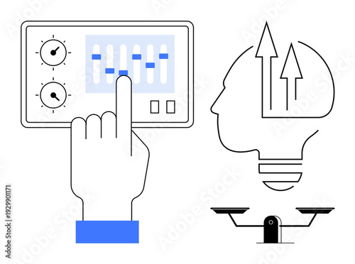 Decision making, innovation, problem solving, creativity, balance, strategy. Hand adjusting sliders on a control panel with icons of a brain and balanced scale. Decision making and innovation concept