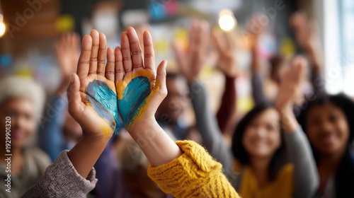 Large diverse group of faceless multicultural people raising arms toward a hand-painted heart, defocused background, charity and volunteer concept, community diversity, peace and