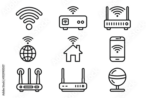 Set of nine minimalist line icons illustrating wireless internet technology, featuring Wi-Fi symbols, routers, a smartphone, and a globe, presented on a light gray backdrop.