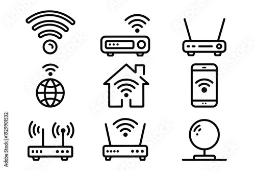 A graphic collection of nine simple outline icons symbolizing wireless technology, including Wi-Fi symbols, routers, a smartphone, and a globe, displayed on a neutral gray background.