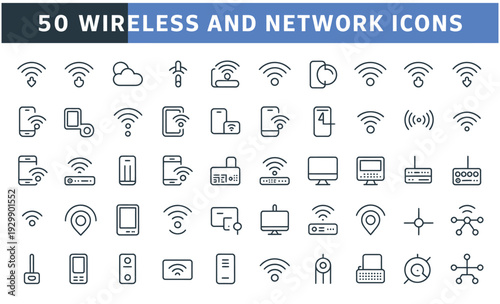 Set of 50 essential wireless and network icons in a clean, modern style, featuring Wi-Fi signals, connectivity symbols, and related technology elements for digital interfaces.