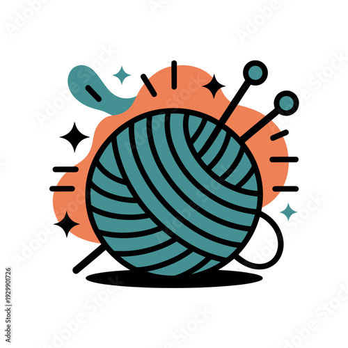 A ball of yarn with knitting needles on a colorful background with sparkles and lines