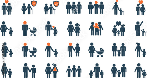 Charcoal and orange family icons featuring multi-generational households parents with children caregiving senior support and social bonds