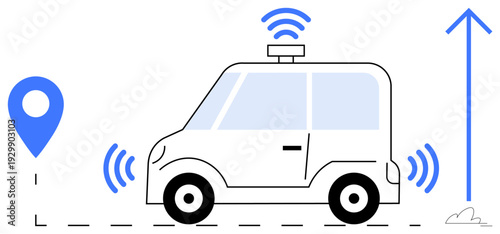 Autonomous driving, GPS navigation, wireless communication, smart transportation, future mobility, innovation. Self-driving car with signal waves and location icon. Autonomous driving and GPS