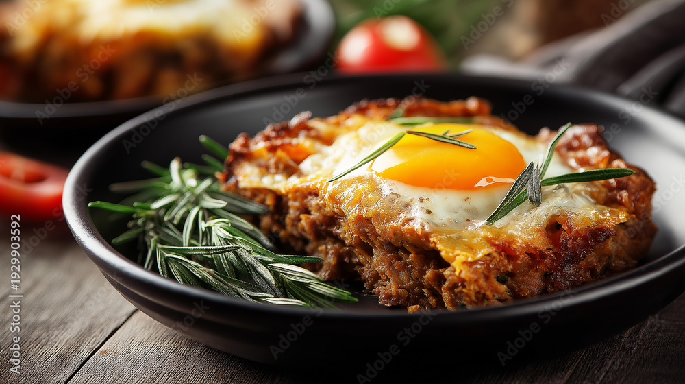 Fototapeta premium Authentic South African bobotie spiced minced meat bake with a golden egg-based topping served in a black dish with rosemary garnish, defocused background, South African cuisine