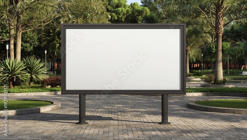 Straight front angle of large empty wooden signboard for advertising, map display or mockup comping purpose. Lush green background behind blank display billboard