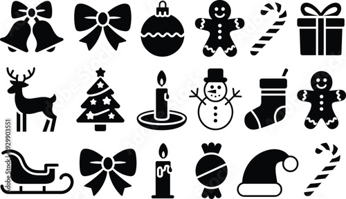 Black and white of Christmas-themed and symbols arranged in a grid pattern holiday gingerbread