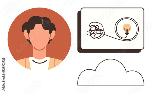 Problem-solving, brainstorming, creativity, innovation, ideas, decision-making. Human profile icon, light bulb with tangled line cloud motif. Problem-solving and brainstorming visual