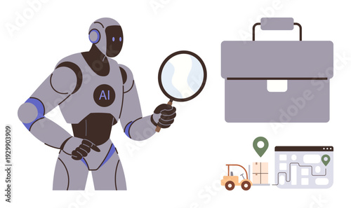 Artificial intelligence, logistics, navigation, supply chain, technology, innovation. A robot holding a magnifying glass near a briefcase, map and delivery icons. Artificial intelligence