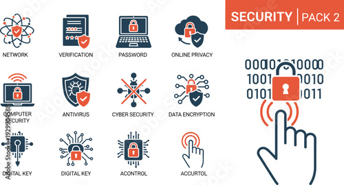 Dual-tone digital security icons for network protection verification passwords online privacy antivirus data encryption and digital keys