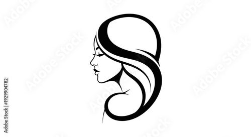 Minimalist black and white illustration of a woman's profile with flowing hair.