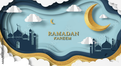 Ramadan Kareem Greeting Card with Mosque Silhouette and Crescent Moon.