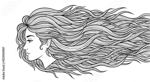 Woman with long flowing hair in black and white illustration.