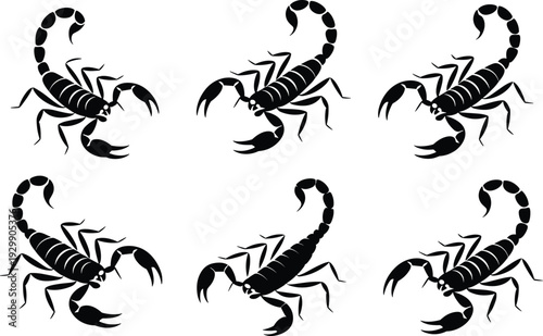 Six black scorpions illustrated in different poses on a white background