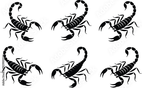 Six black scorpions in different poses on a white background