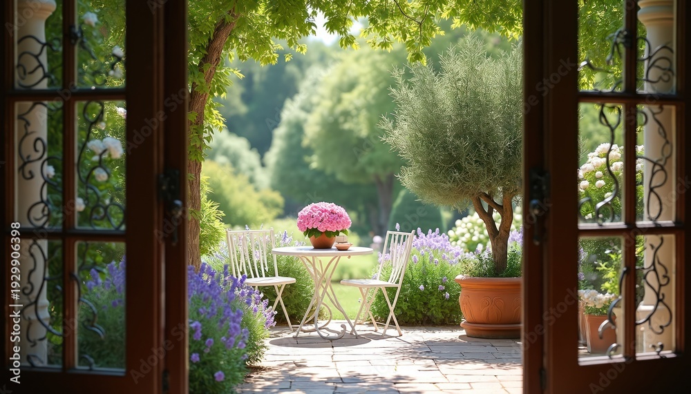 Fototapeta premium View of a tranquil garden through an open doorway. A white table and chairs are set among blooming flowers and lush green trees. Soft daylight illuminates the peaceful outdoor scene.