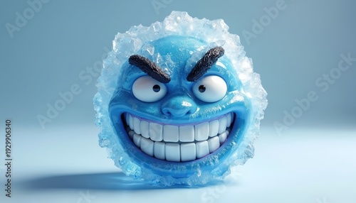 Blue frosty character with icy edges, wide toothy grin. Eyes big, white, eyebrows dark, menacing. Emoticon looks cold, menacing but smile suggests playful mischievous mood. Perfect for themes of