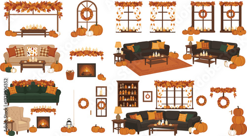 Flat vector autumn home decor illustrations with pumpkins fall leaf garlands wreaths cozy sofas and warm fireplaces