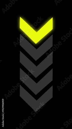 Vertical stack of six glowing lime-green chevrons on black background, gradient from dark olive at top to bright neon at bottom, subtle outer glow, futuristic minimal design