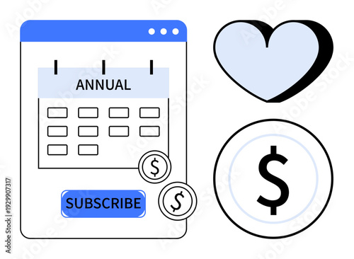 Subscription models, payment systems, loyalty programs, financial management, e-commerce, customer retention. Visual of a calendar, dollar coins and heart symbol. Subscription models and payment