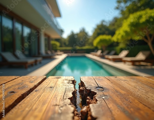 Weathered wooden table planks with gaps overlook luxury pool and modern villa. Sunlight brightens green trees, blue water, lounge chairs. Relaxing outdoor leisure scene.