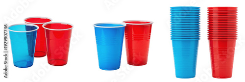 Set and collection of red and blue plastic party cups in various stacks and arrangements for festive celebration and social event concepts isolated on white transparent PNG background