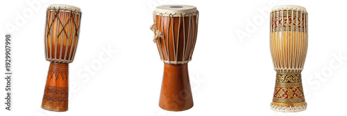 Photos Set and collection of traditional wooden djembe drums with intricate rope tuning