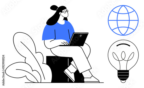Remote work, innovation, global connectivity, education, creativity, digital business. Woman with laptop, globe and light bulb. Remote work and innovation concept