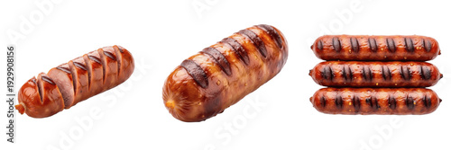 Photos Set and collection of grilled bratwurst and sizzled sausages with charred grill