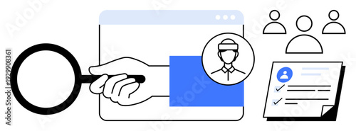 Hand holding magnifying glass near a browser window, user profile icon, and checklist. Ideal for recruitment, evaluation, selection, search, analytics HR and hiring. Minimalist flat metaphor