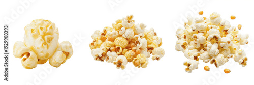 Valokuva Set and collection of fresh buttery popcorn kernels and fluffy popped popcorn he