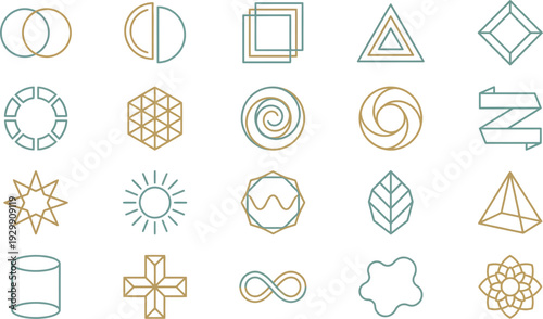Minimalist geometric line art icons featuring abstract shapes, nature elements, and symbols.