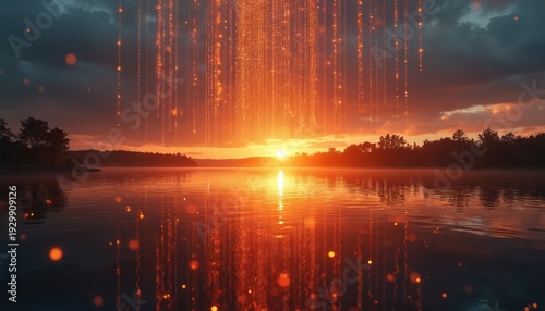 Golden light streaks fall onto calm water at sunset. Orange glow reflects on lake surface, trees silhouetted against dramatic sky. Peaceful nature scene with abstract digital elements.