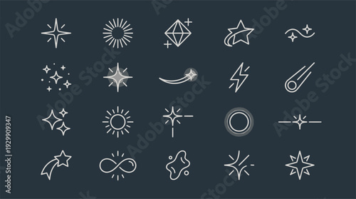 A comprehensive set of diverse star, sparkle, and shine effect line icons.
