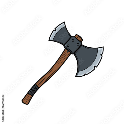 Cartoon Double-Bladed Battle Axe Vector Illustration for Fantasy Games & Medieval Adventures