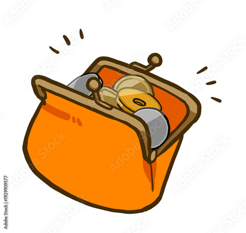 小銭がいっぱい入ったシンプルながま口財布　手描きイラスト素材