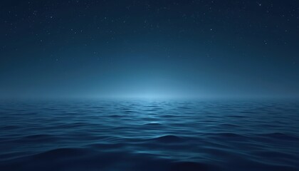 Deep blue ocean meets starry night sky horizon with gentle waves. Calm seascape evokes peace, solitude and vastness. Minimalist nature scene, perfect background for quiet contemplation.