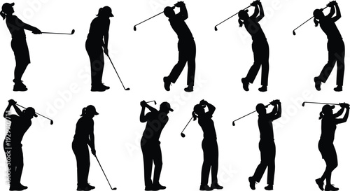 Golfer silhouette set, professional golf players, sports man woman swing, club action, tournament athlete icons, leisure outdoor activity, training poses, isolated black vector collection.